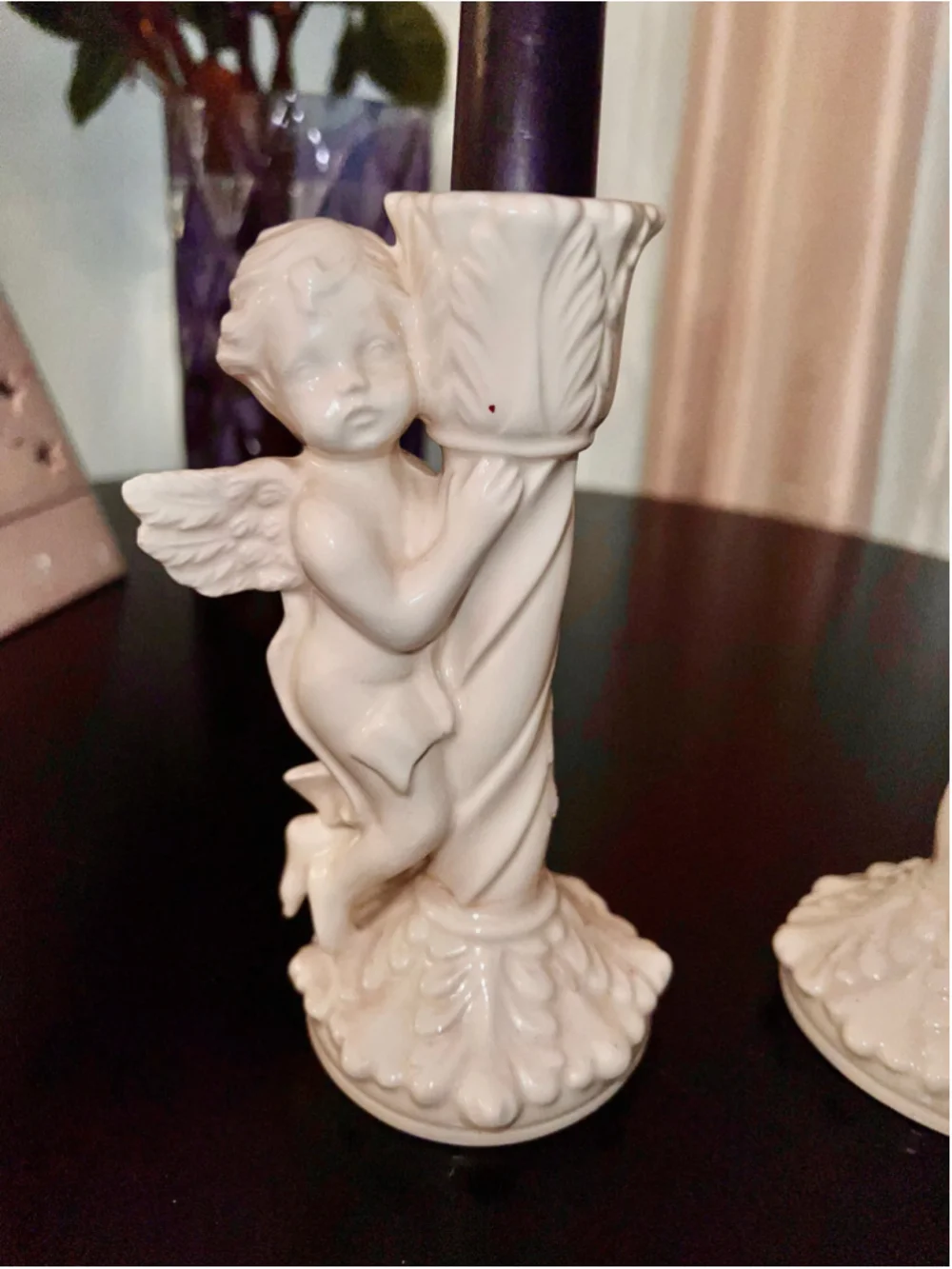 VTG Set 2 Cherub Angel Candle Holder Set, One Size, White